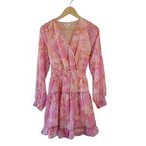 Japna Pink Floral Babydoll Mini Dress Sz LS V-neck Tie Back Cottagecore Fairy